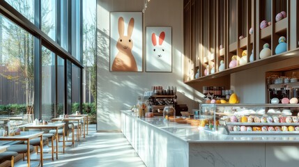 Modern Caf with Easter Bunny Decor: A modern, minimalist stock