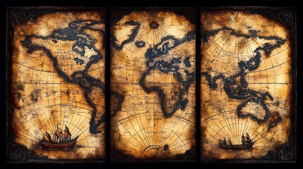 Fototapeta premium Triptych of a vintage-style world map, sepia-toned colors with faded edges, ornate illustrations of ancient ships and compass roses, aged parchment texture, detailed coastlines and mountain ranges,