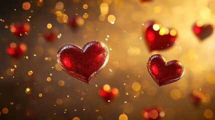 Obraz premium Romantic red hearts floating on a shimmering golden stock