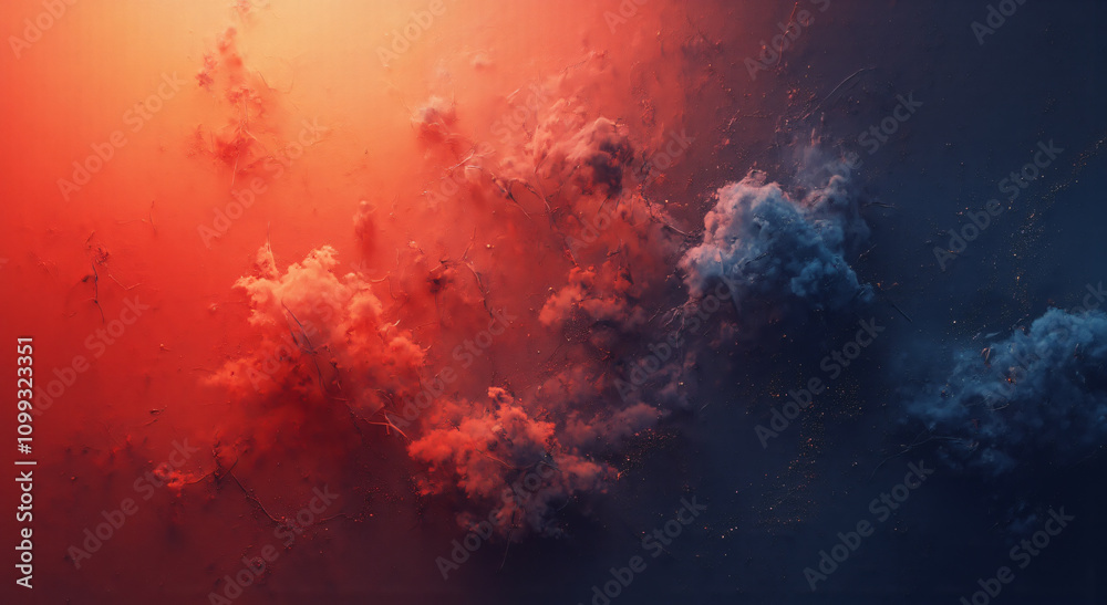 Poster an abstract image featuring swirling clouds in shades of red and blue, creating a dynamic and atmosp