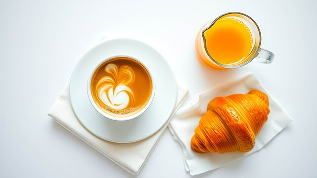 A delightful breakfast arrangement featuring a cup of latte art coffee, a freshly baked croissant, and a pitcher of orange juice, all set on a minimalist white surface.