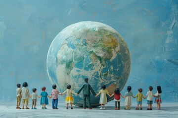 A diverse group of miniature figures holding hands around a large globe, symbolizing unity, diversity, and global connection.