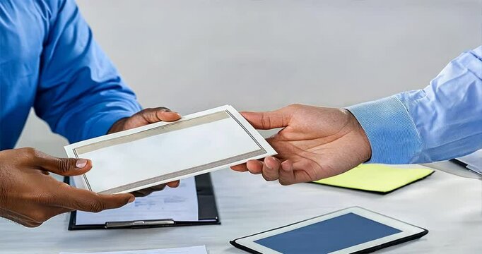 Close up of hands exchanging a white checkbook, background blurred, financial exchange, trust, monetary transaction