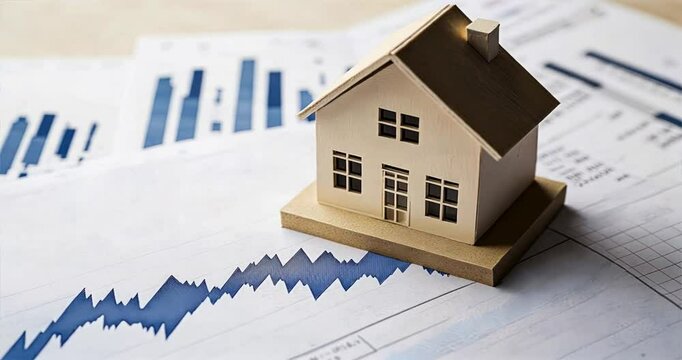 Small house model placed on top of an upward trending graph, housing market growth, real estate trends, property value increase
