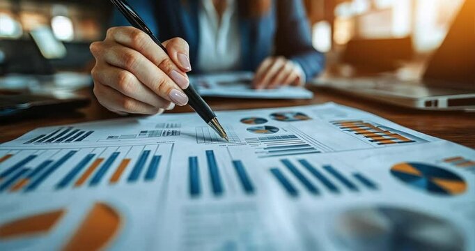 A business professional analyzing financial data on graphs and charts, reviewing performance, making decisions, financial review, data analysis