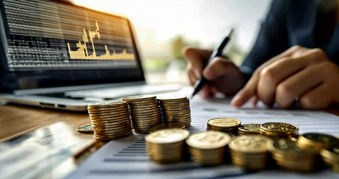 Person writing with ink pen on paper at desk with stack of coins beside them, focusing on financial paperwork, investment, personal finance