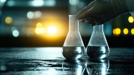 Laboratory Experiment with Glass Flasks: A Scientist Handling Chemical Solutions Under Dramatic Lighting in a Modern Research Facility