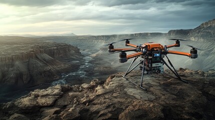 An AI-driven robotic rescue drone equipped with advanced sensors flying over a rugged landscape, scanning for signs of life after a natural disaster.