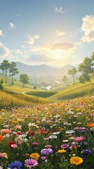 Obraz premium A lush meadow sways gently in the breeze, illuminated by the warm rays of a golden sun, natural scenery, flora, fauna, wildflowers, sunlight