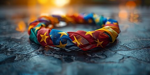 Close-up of a twisted fabric piece featuring multiple European flag colors, symbolizing unity and diversity in Europe.
