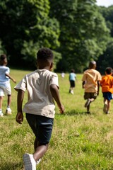 Obraz premium A father and his two young sons running together in a lush park, enjoying quality time and physical activity in nature.