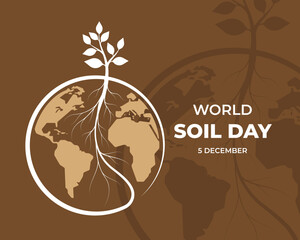 World soil day - White plant tree and line root roll around circle globe world on brown background vector design