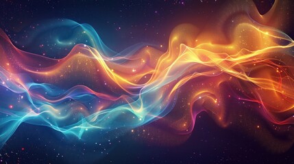 Obraz premium Abstract cosmic waves of vibrant blue, orange, and red hues, glowing with particles in a dark space.