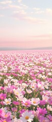 Fototapeta premium A panoramic view of a vast field of cosmos flowers in full bloom, hues, tall, sunflower