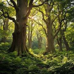Fototapeta premium A peaceful forest scene with tall trees and lush greenery, forest, landscape