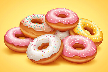 A colorful assortment of donuts with sprinkles on a bright yellow background.