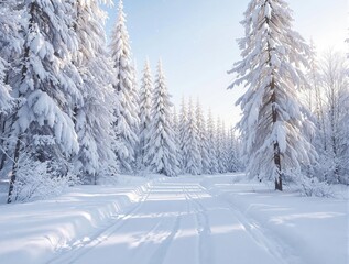 Obraz premium A peaceful snow-covered pathway through a dense forest, wintry, cold, forest