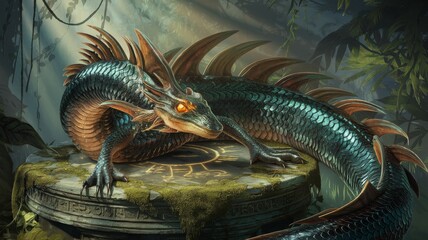 Obraz premium Green-scaled basilisk resting on ancient stone pedestal in jungle