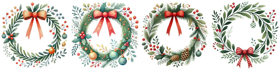 Colorful Christmas decorative. Four decorative holiday wreaths adorned with bows, berries, and foliage, perfect for festive decorations.