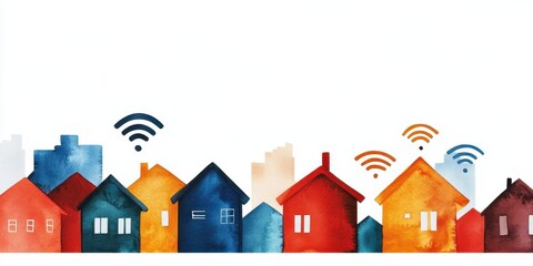 Fototapeta premium Abstract watercolor illustration of smart location connectivity, blending technology and creativity in vibrant hues.