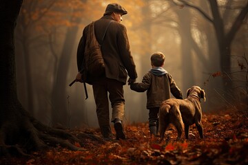  Dad and son hunting in the autumn forest with guns.