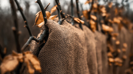 Fototapeta premium Close-up of burlap wrapped around bare tree branches with autumn leaves in a natural setting