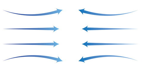 Air flow. Set of blue arrows showing direction of air movement. Wind direction arrows. Blue cold fresh stream from the conditioner, isolated with white background.