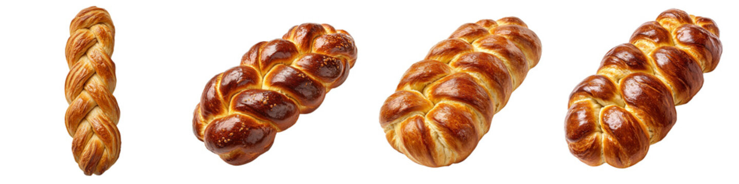 Braided challah bread, isolated on white background. Collection Set PNG.
