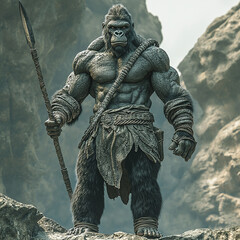 A large, dark gray gorilla statue, wearing tribal ornaments and holding spears. It stands on a rocky outcrop.


