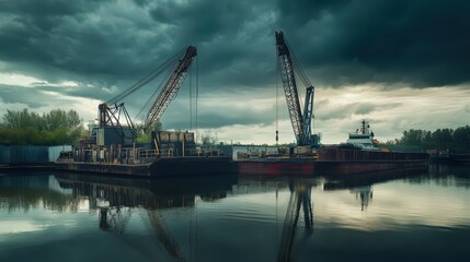 Mobile Harbor Crane in Action: Barge Loading Under Dramatic Storm Clouds. Elevated Side Angle Capturing Precision and Moody Industrial Atmosphere. Professional Photography.