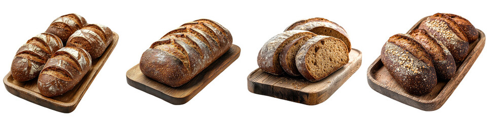 Fresh rye bread on a wooden tray, isolated on white background. Collection Set PNG.