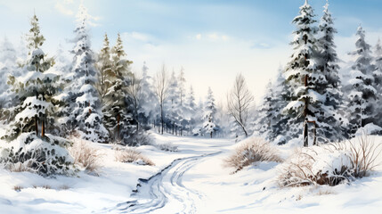 Fototapeta premium Watercolor painting empty panoramic winter background with copy space