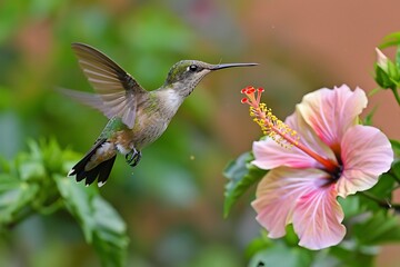 Fototapeta premium Hummingbird Hovering Near Pink Hibiscus Flower Nectar