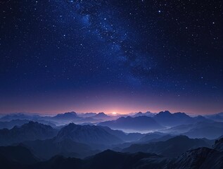 Fototapeta premium A serene and starry night sky over a mountain range , celestial bodies, peaceful atmosphere, galaxy background, serene landscape