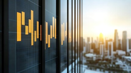Modern Financial Data Visualization on Building Facade Against Urban Sunset, Showcasing Stock Market Trends in a Dynamic Cityscape Environment
