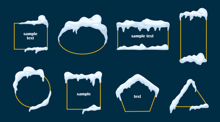 Frames with snow ice cap. Card or poster template. Snowdrifts shapes with icicles. Winter frame decoration. Snowy roof effect. Frost icy heaps. Frozen vector cartoon flat isolated illustration