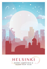 Obraz premium Christmas Helsinki retro poster for winter festives, New Year. Geetings, happy holidays and merry xmas from Finland vector postcard layout