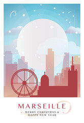 Obraz premium Christmas Marseille retro poster for winter festives, New Year. Geetings, happy holidays and merry xmas from France vector postcard layout