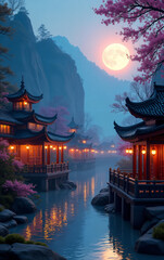 Traditional chinese houses illuminated at night with full moon rising over river