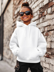 Obraz premium Young happy girl kid wearing a white hoodie sweater mockup for children, oversized fit blank clothing with long sleeves and child wearing sunglasses in front of a wall backdrop