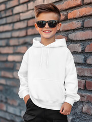 Obraz premium Young happy boy kid wearing a white hoodie sweater mockup for children, oversized fit blank clothing with long sleeves and child wearing sunglasses in front of a wall backdrop