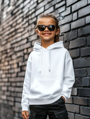Obraz premium Young happy girl kid wearing a white hoodie sweater mockup for children, oversized fit blank clothing with long sleeves and child wearing sunglasses in front of a wall backdrop