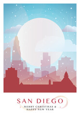 Obraz premium Christmas San Diego retro poster for winter festives, New Year in USA. Geetings, happy holidays and merry xmas from California, United States of America vector postcard layout