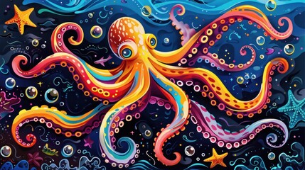 Vibrant colorful octopus in ocean scene.