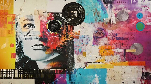 Intriguing Mixed Media Portrait: A Captivating Blend of Collage, Color, and Geometric Shapes Exploring Themes of Identity and Perception in Modern Art