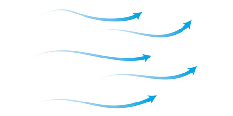 Set of blue arrow showing air or wind flow. Air conditioner direction with white background.