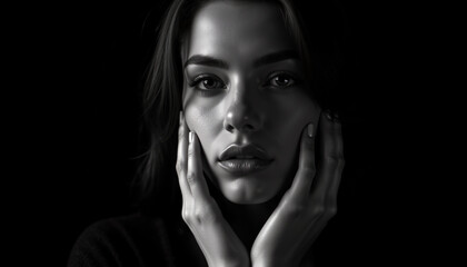 Black and White Portrait of a Woman with Hands Framing Her Face, Dramatic Lighting and Intense Gaze in Low-Key Photography