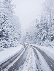 Fototapeta premium A snowy road winding through a dense winter forest, winding, cold, landscape, nature
