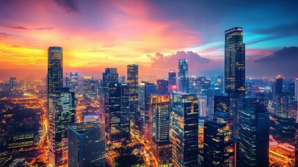 Obraz premium Skyline of a modern city at dusk with tall buildings and lights, urban landscape with vibrant colors, cityscape at golden hour