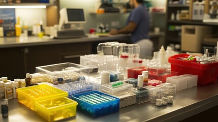 A counter in a pharmacy with various medications in containers, a blurred pharmacist in the background.